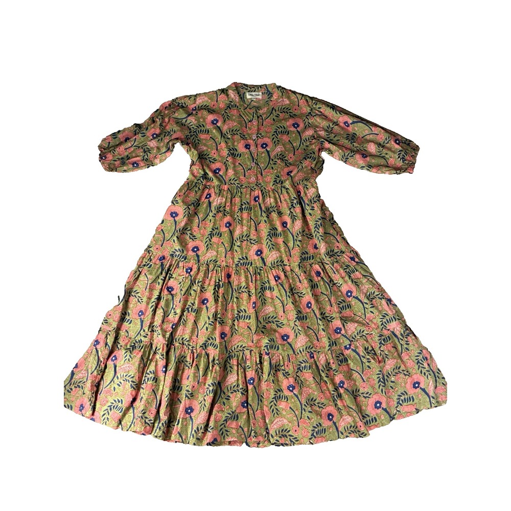 Little Tibet Womens Maxi Dress Green Pink Floral Print Tiered L/XL Prairiecore